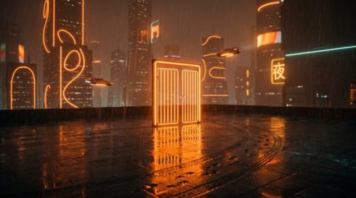 A freestanding gate of orange neon light on a rainy rooftop with no fence, wet footprints and tire tracks curving around it
