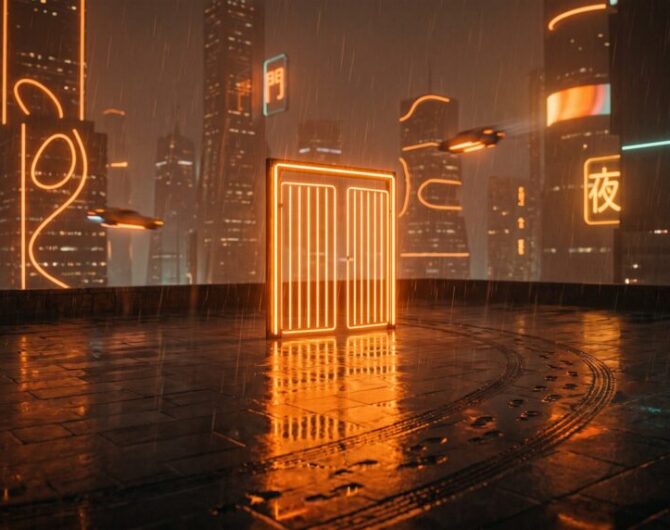 A freestanding gate of orange neon light on a rainy rooftop with no fence, wet footprints and tire tracks curving around it