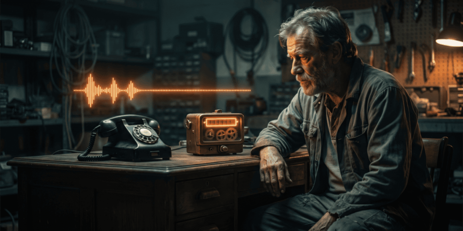 Elderly man in workshop with vintage radio and rotary phone, exploring AI technology.