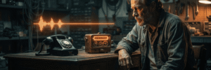 Elderly man in workshop with vintage radio and rotary phone, exploring AI technology.