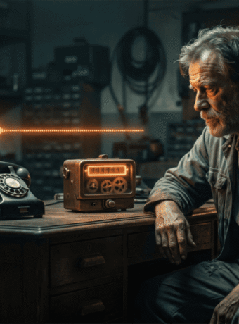 Elderly man in workshop with vintage radio and rotary phone, exploring AI technology.