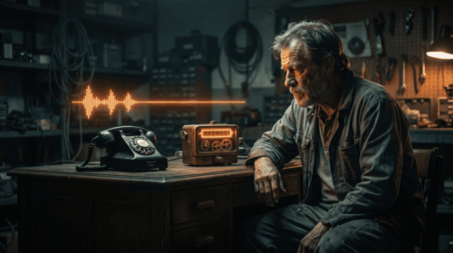Elderly man in workshop with vintage radio and rotary phone, exploring AI technology.