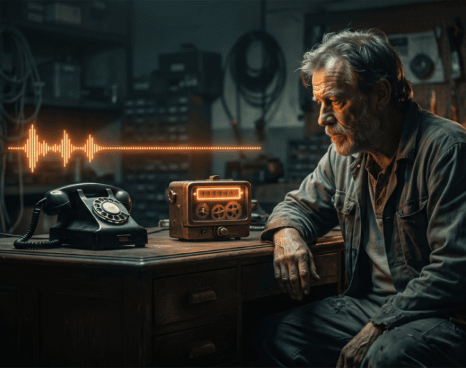 Elderly man in workshop with vintage radio and rotary phone, exploring AI technology.