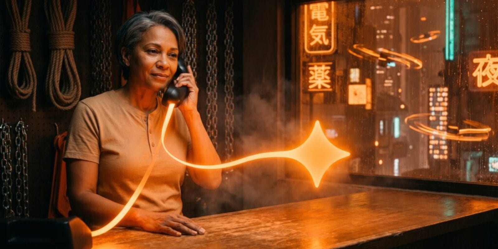 Hardware store owner on a corded phone as a ribbon of orange light from the handset forms the Gemini star