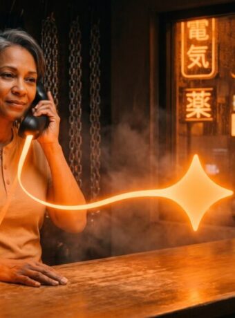 Hardware store owner on a corded phone as a ribbon of orange light from the handset forms the Gemini star