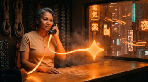 Hardware store owner on a corded phone as a ribbon of orange light from the handset forms the Gemini star