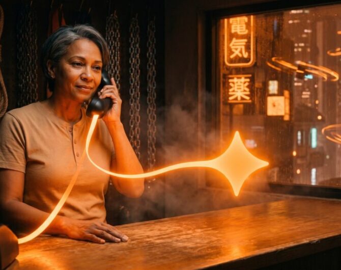Hardware store owner on a corded phone as a ribbon of orange light from the handset forms the Gemini star