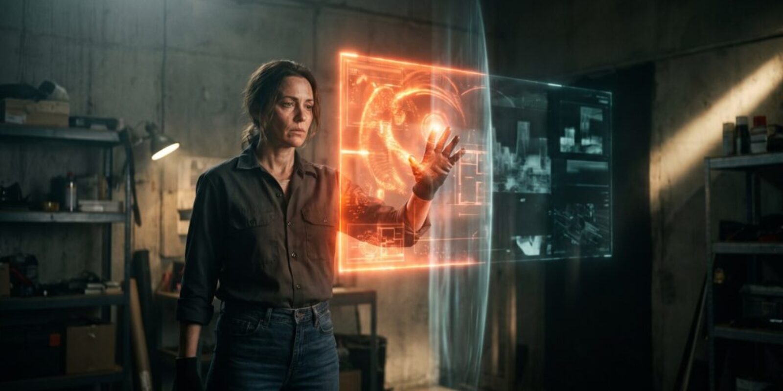 Woman engaging with advanced holographic interface in a high-tech environment.