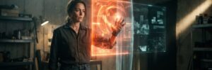 Woman engaging with advanced holographic interface in a high-tech environment.