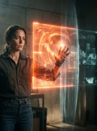 Woman engaging with advanced holographic interface in a high-tech environment.