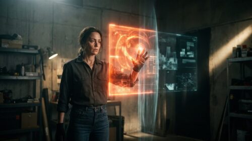 Woman engaging with advanced holographic interface in a high-tech environment.