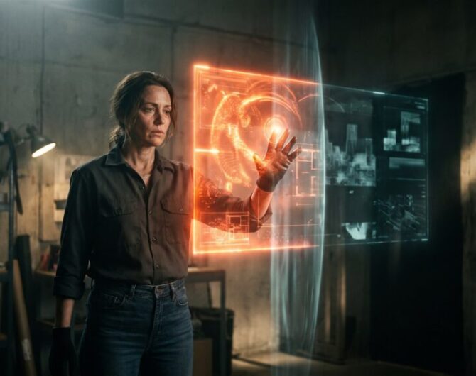 Woman engaging with advanced holographic interface in a high-tech environment.