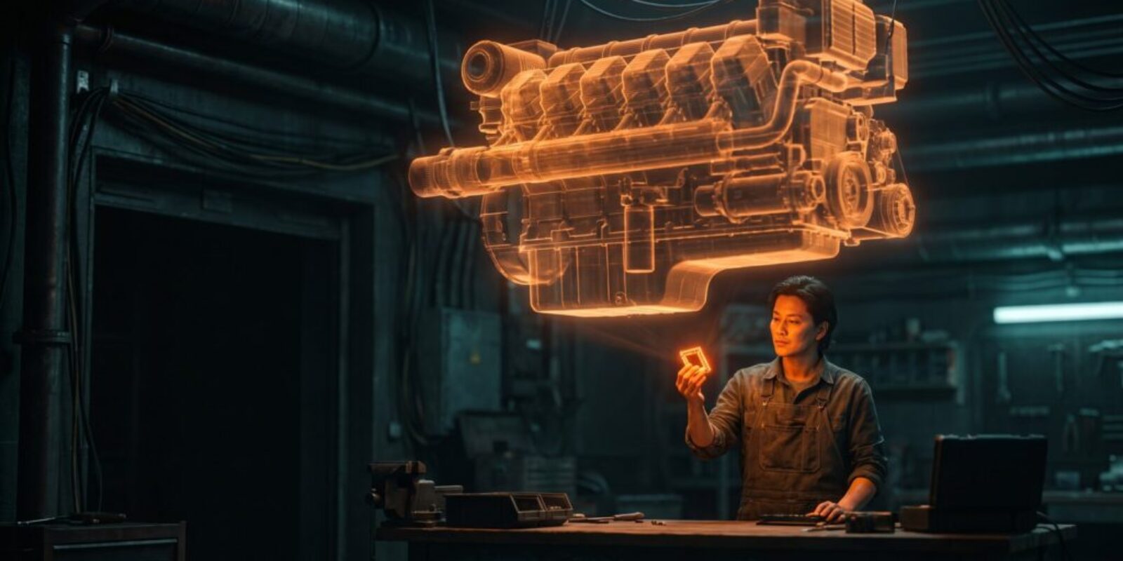 Woman interacting with holographic engine model in high-tech lab.