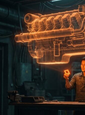 Woman interacting with holographic engine model in high-tech lab.