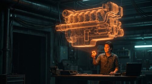 Woman interacting with holographic engine model in high-tech lab.