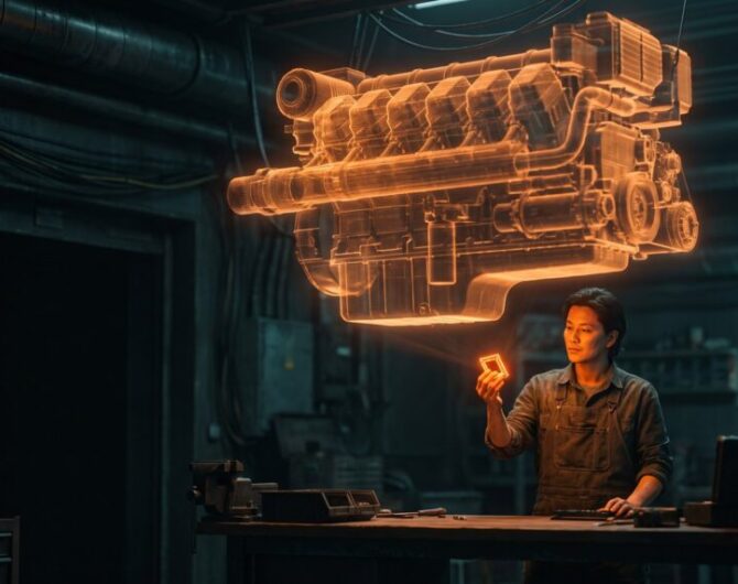 Woman interacting with holographic engine model in high-tech lab.