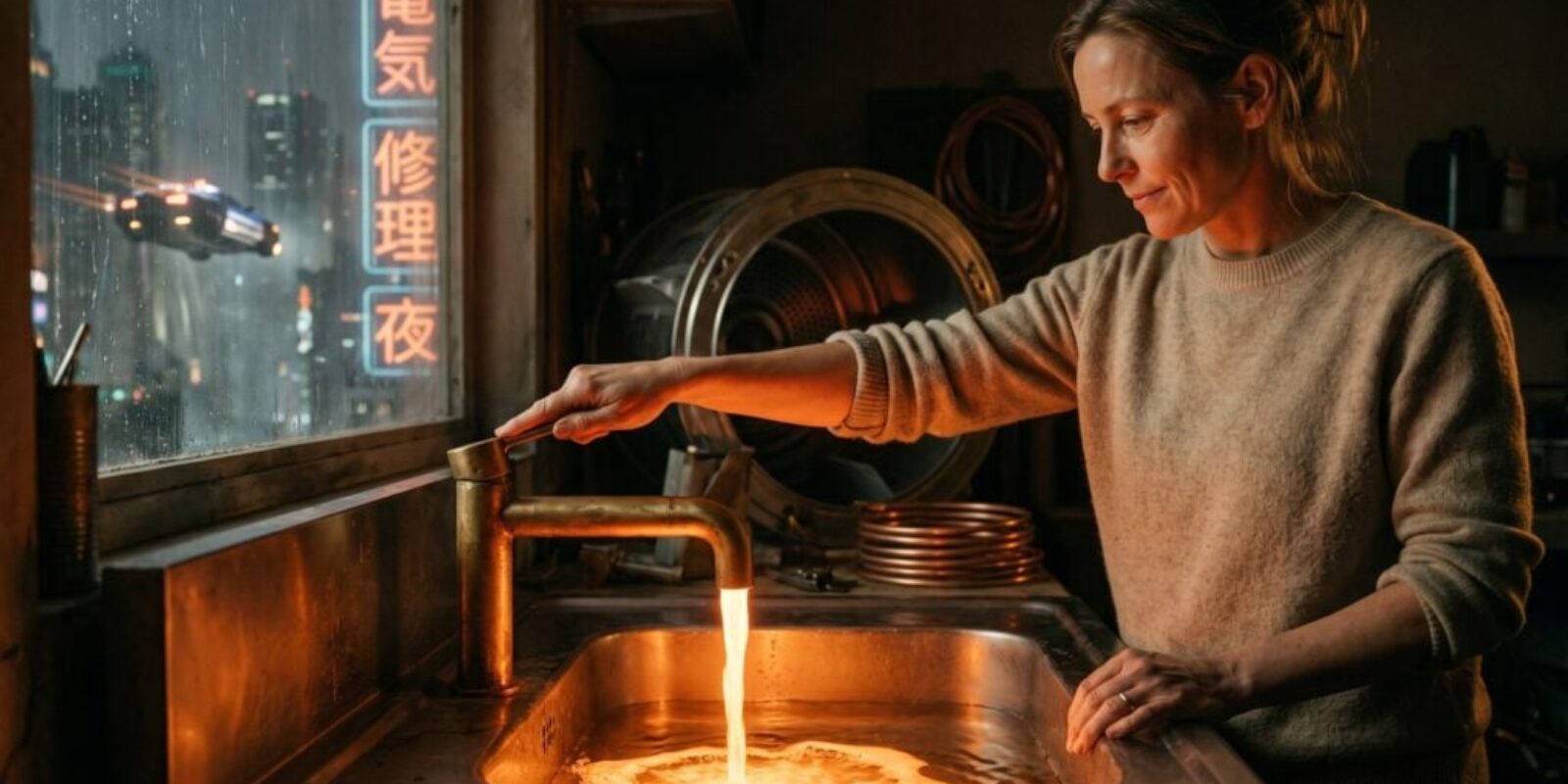 Woman washing dishes at night in a cozy kitchen with city lights outside.