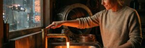 Woman washing dishes at night in a cozy kitchen with city lights outside.
