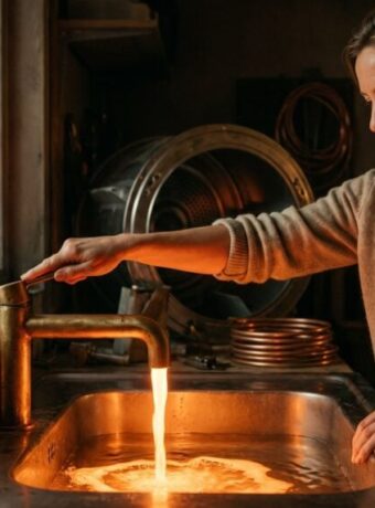 Woman washing dishes at night in a cozy kitchen with city lights outside.
