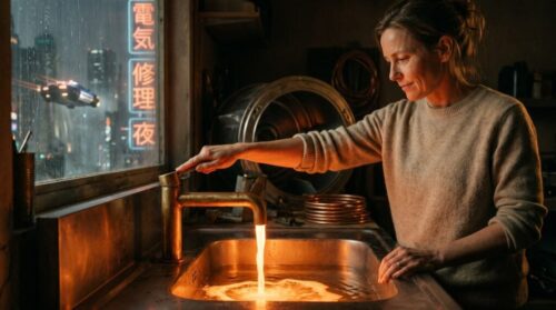 Woman washing dishes at night in a cozy kitchen with city lights outside.