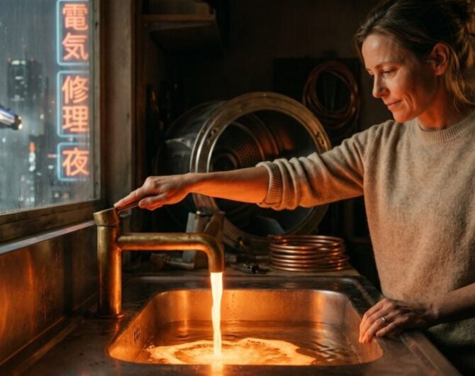 Woman washing dishes at night in a cozy kitchen with city lights outside.