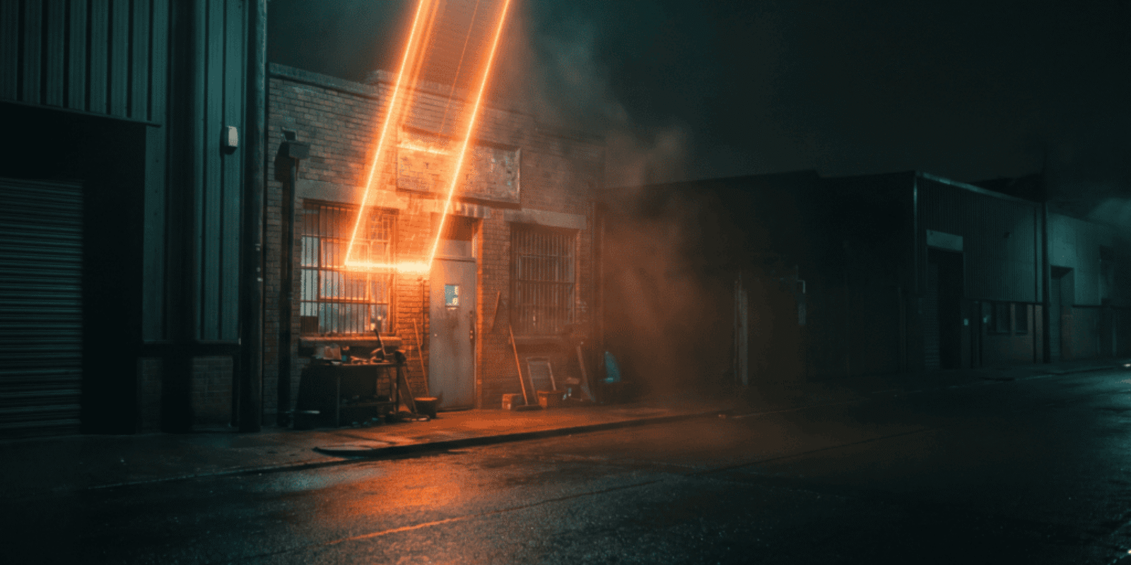 Lightning strikes a building during a stormy night, illuminating the dark urban street.