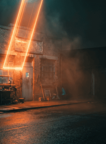 Lightning strikes a building during a stormy night, illuminating the dark urban street.