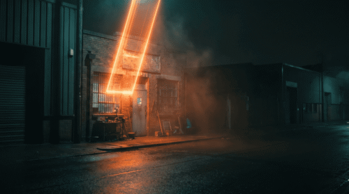 Lightning strikes a building during a stormy night, illuminating the dark urban street.