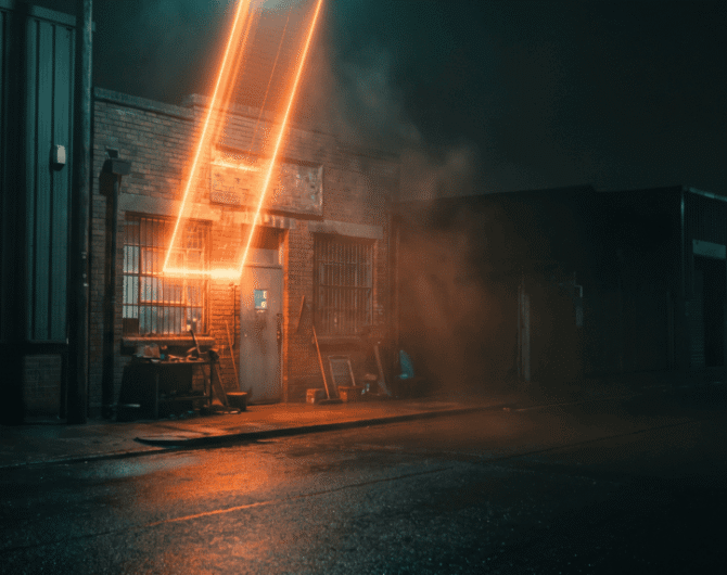 Lightning strikes a building during a stormy night, illuminating the dark urban street.