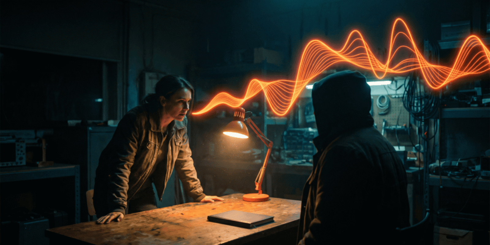 Scientists working on AI technology in a dimly lit lab with glowing data lines.