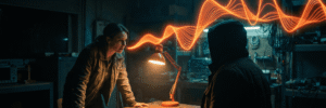 Scientists working on AI technology in a dimly lit lab with glowing data lines.
