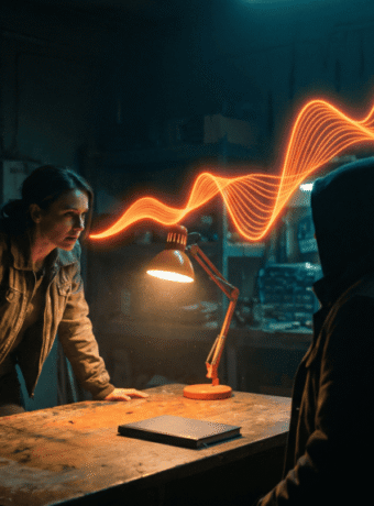 Scientists working on AI technology in a dimly lit lab with glowing data lines.