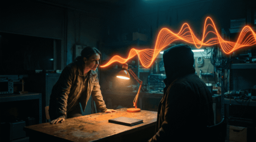 Scientists working on AI technology in a dimly lit lab with glowing data lines.