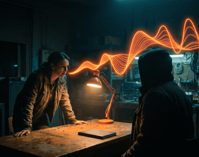 Scientists working on AI technology in a dimly lit lab with glowing data lines.