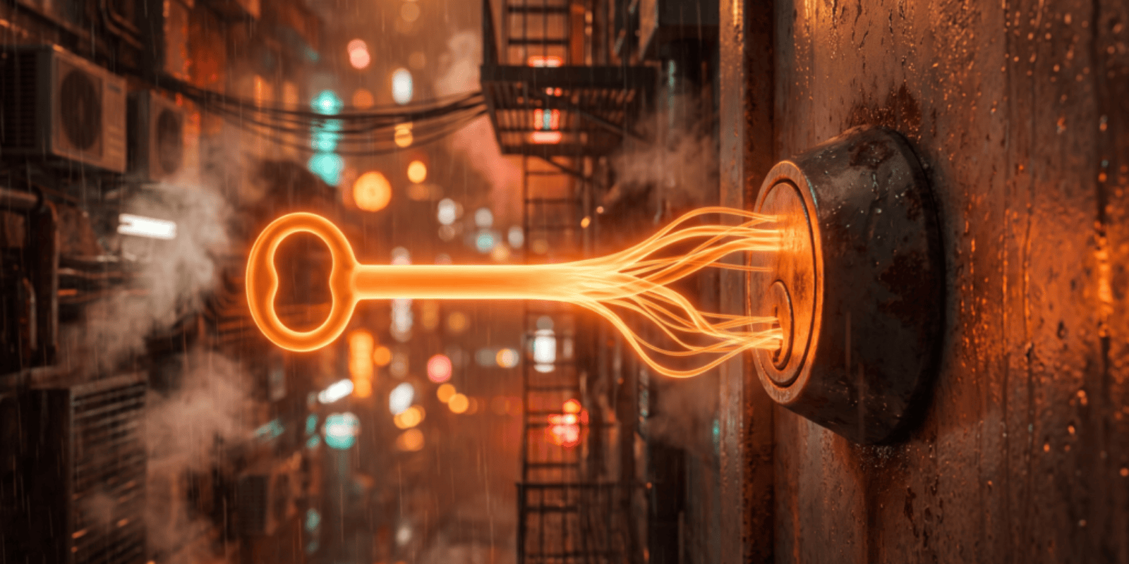 Electric key symbolizing AI and technology in a city street scene.