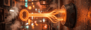 Electric key symbolizing AI and technology in a city street scene.