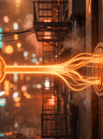 Electric key symbolizing AI and technology in a city street scene.