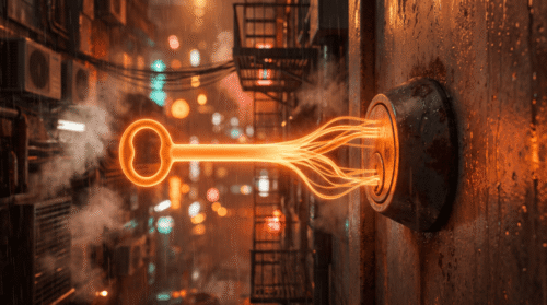 Electric key symbolizing AI and technology in a city street scene.
