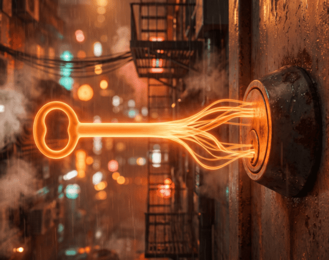 Electric key symbolizing AI and technology in a city street scene.