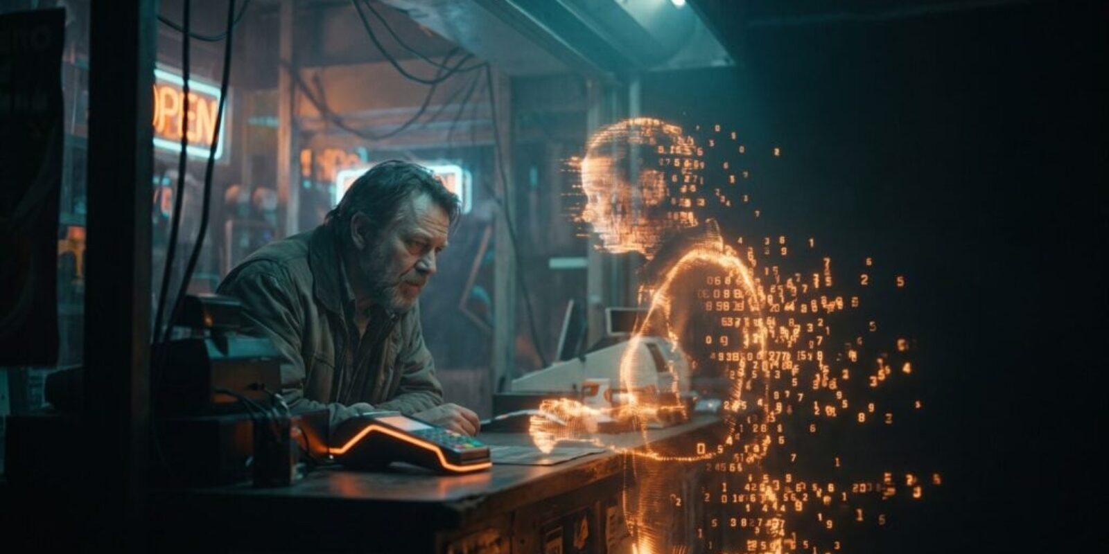 Man and holographic AI interface in a cyber cafe setting.