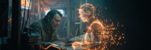 Man and holographic AI interface in a cyber cafe setting.