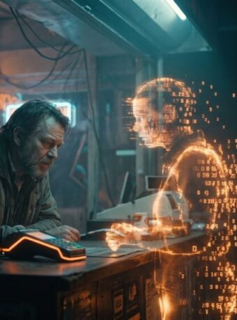 Man and holographic AI interface in a cyber cafe setting.