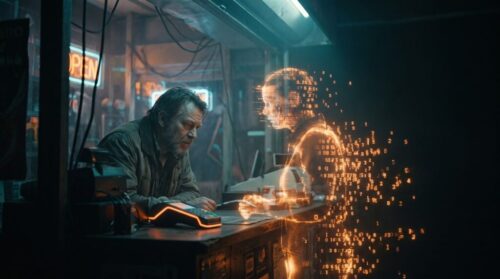 Man and holographic AI interface in a cyber cafe setting.