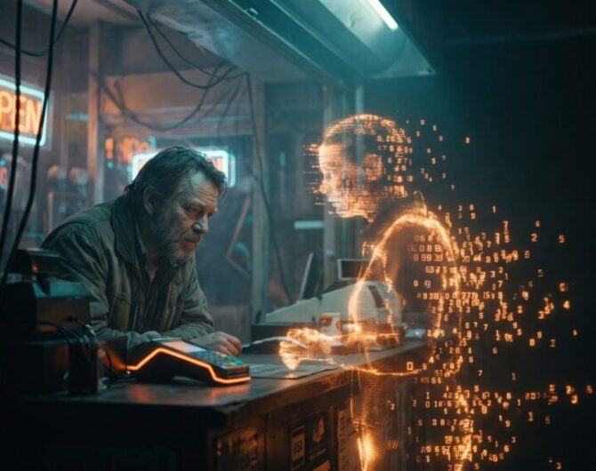 Man and holographic AI interface in a cyber cafe setting.