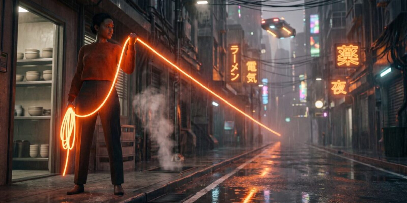 Shop owner on a rain-soaked neon street holding a taut leash of orange light that runs into the city, spare coils held in reserve