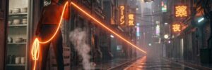 Shop owner on a rain-soaked neon street holding a taut leash of orange light that runs into the city, spare coils held in reserve