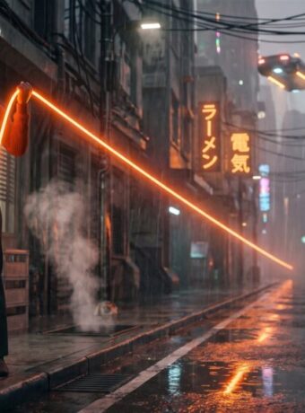 Shop owner on a rain-soaked neon street holding a taut leash of orange light that runs into the city, spare coils held in reserve