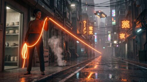 Shop owner on a rain-soaked neon street holding a taut leash of orange light that runs into the city, spare coils held in reserve