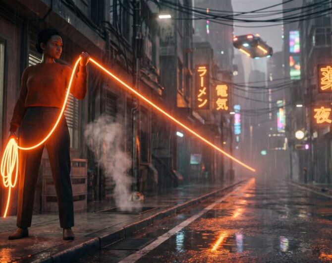 Shop owner on a rain-soaked neon street holding a taut leash of orange light that runs into the city, spare coils held in reserve