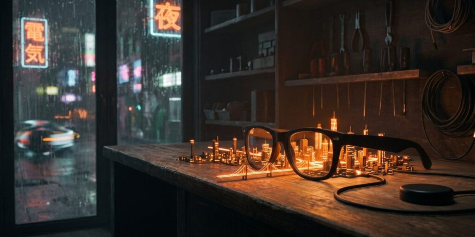 A pair of ordinary-looking black glasses on a workbench at night, with a miniature city of orange light and a suspension bridge rising out of the lenses